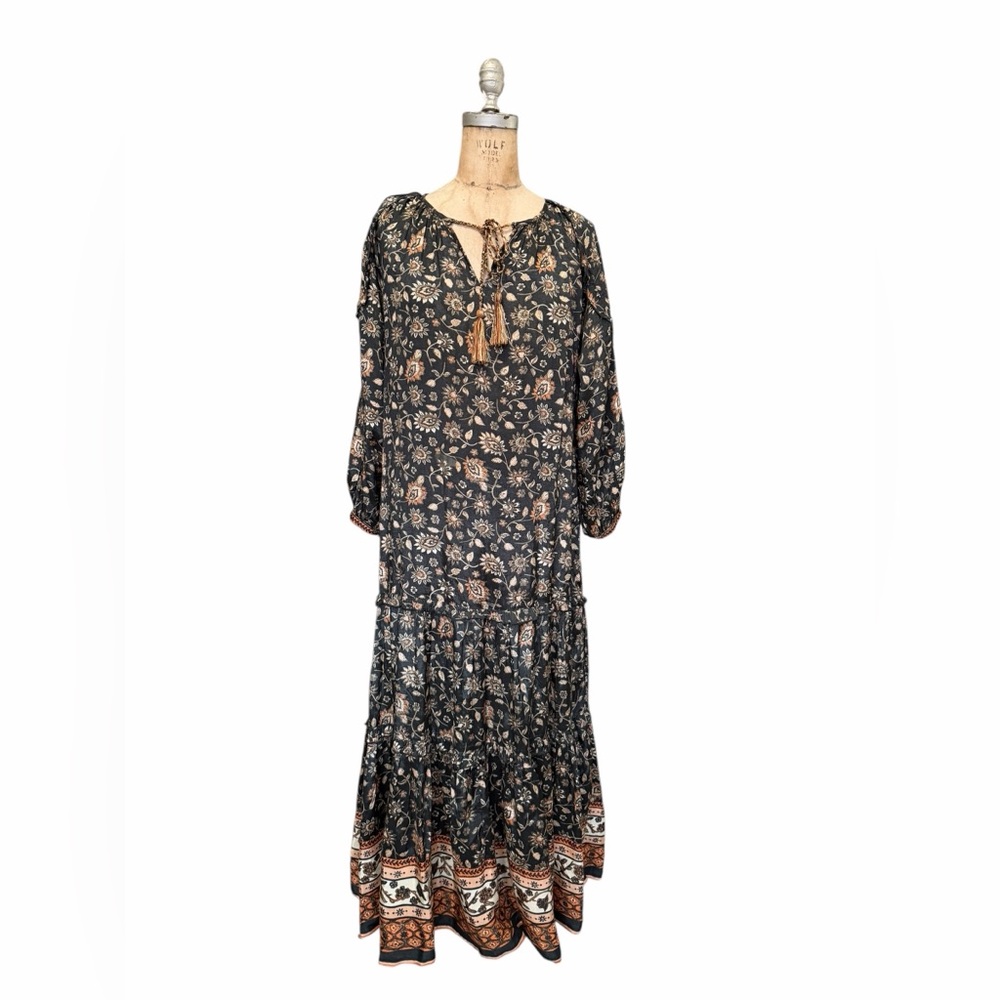 NATURAL LIFE Lula Boho Tiered Ruffled Black/Tan Floral 3/4 Sleeve Maxi Dress XS - Picture 2 of 7